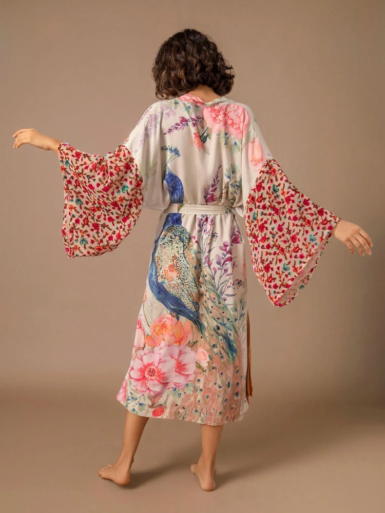 Kimono estampado pajaros blanco