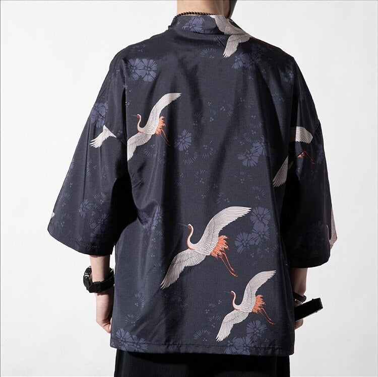 kimono azul con pajaro asiatico